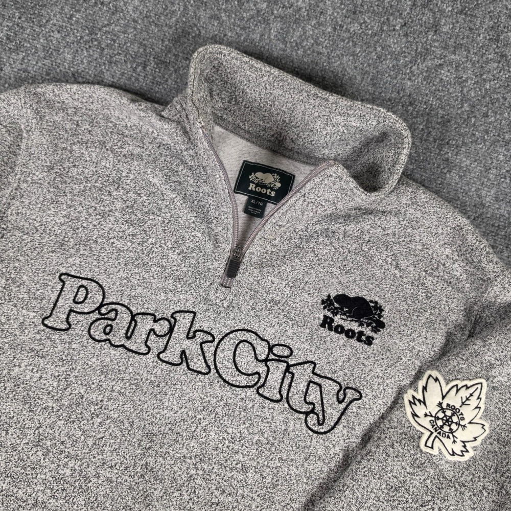 Roots Park City Quarter Zip Sweatshirt Mens XL Grey Salt and Pepper Pullover